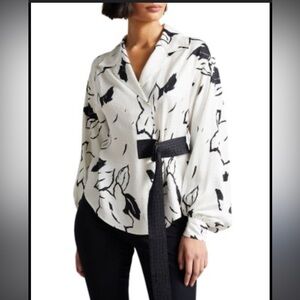 Ted Baker Self Belted Floral Balloon Sleeve Lyocell Viscose Blouse size 4 (8-10)